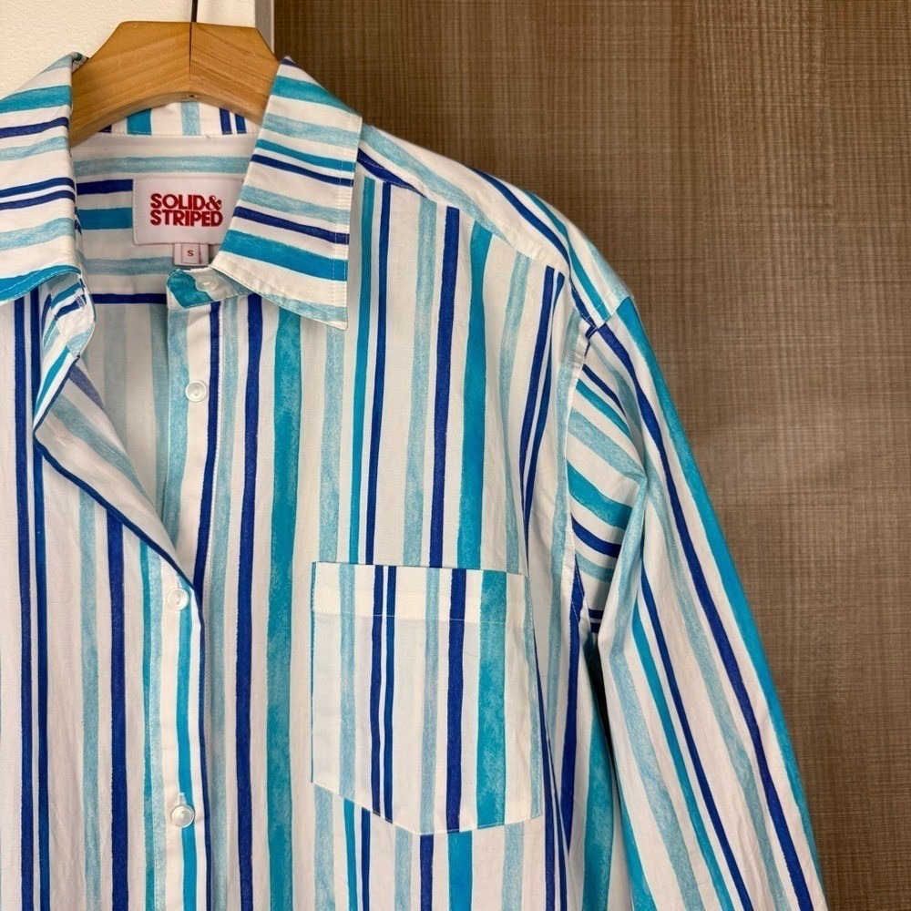 SOLID & STRIPED Mixed Blue Striped Button Down Shirt Oversized Size Small‎ - Picture 5 of 12